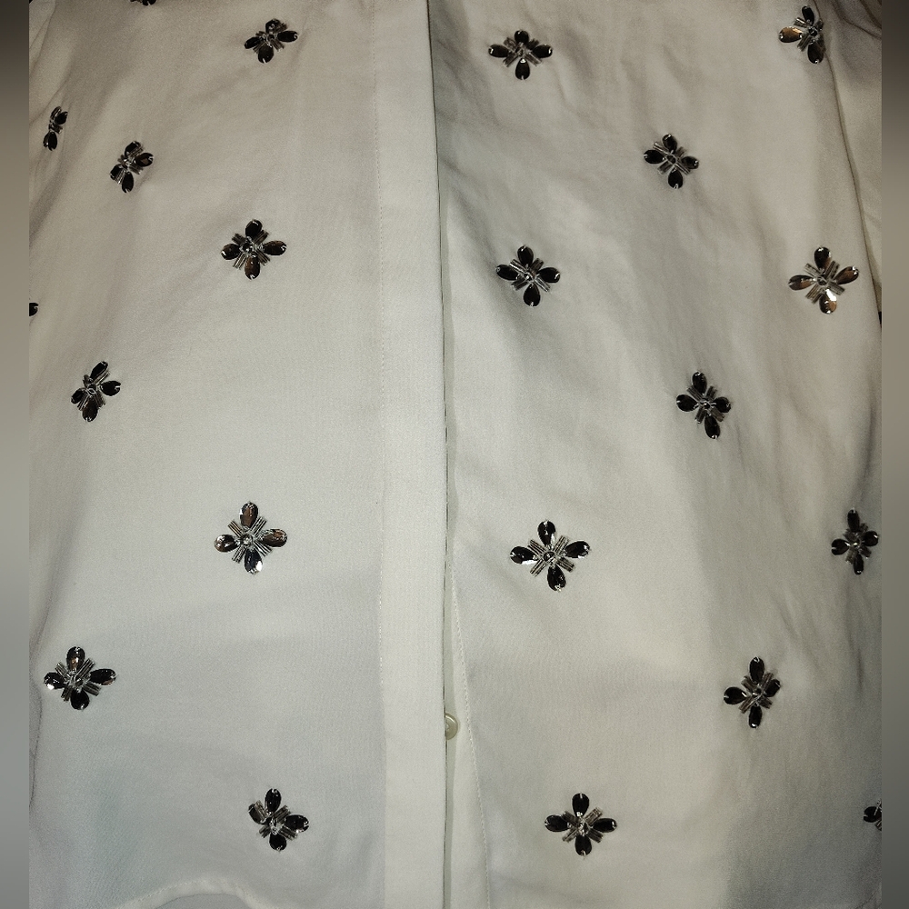 Chico's ButtonUp Blouse, Jeweled Butterflies Collar, 1/2 Sleeve, Ivory, S - Picture 11 of 14